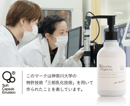 神奈川大学の特許技術「三相乳化技術」を用いて作られたことを表しています。